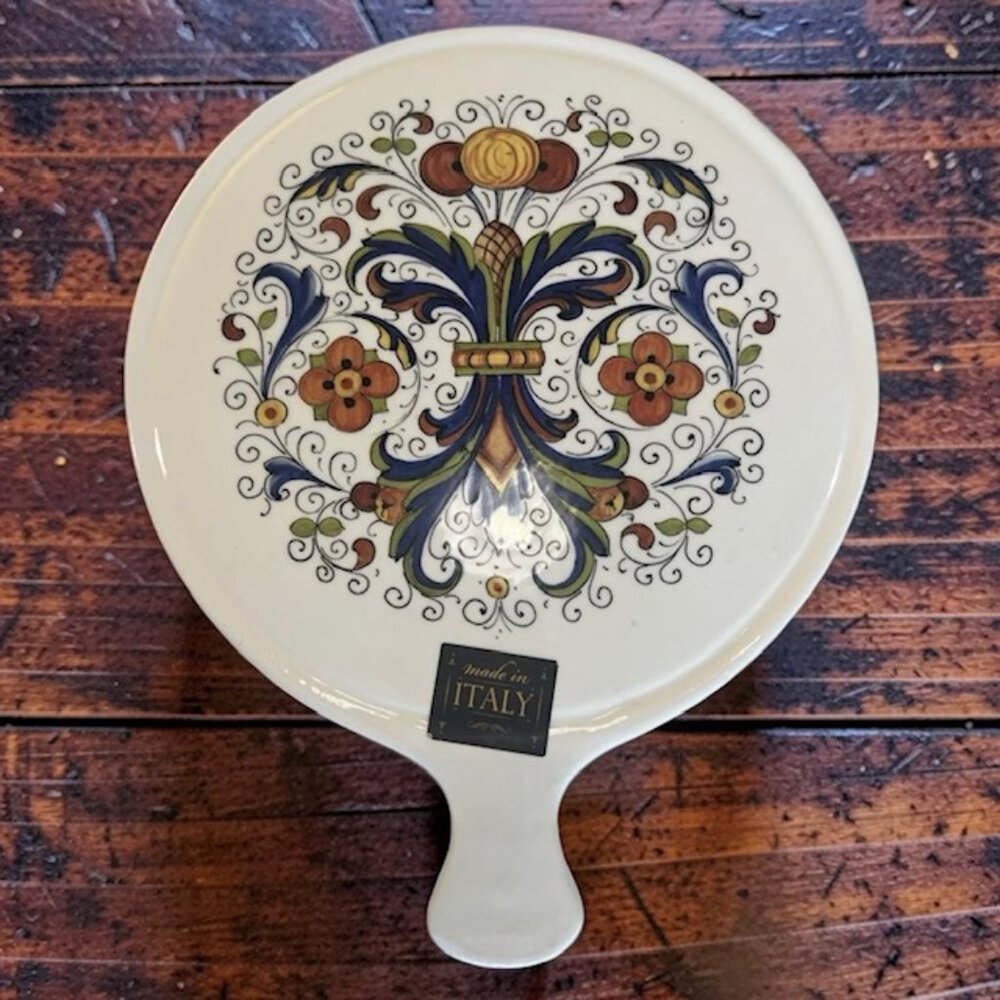 Italian Ceramic Trivet Hot Plate Handled Folk Art Floral Design Made in Italy 10